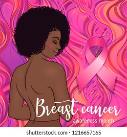 October: Breast Cancer Awareness Month, annual campaign to increase awareness of the disease. African American woman with breast cancer awareness pink ribbon, vector illustration health, medicine