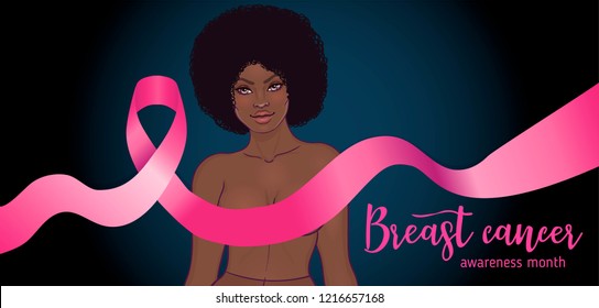 October: Breast Cancer Awareness Month, annual campaign to increase awareness of the disease. African American woman with breast cancer awareness pink ribbon, vector illustration health, medicine