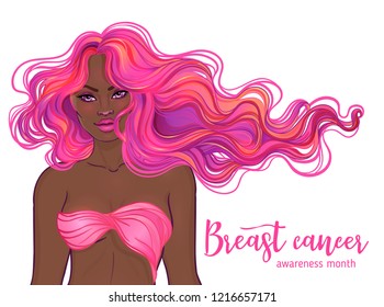 October: Breast Cancer Awareness Month, annual campaign to increase awareness of the disease. African American woman with breast cancer awareness pink ribbon, vector illustration health, medicine