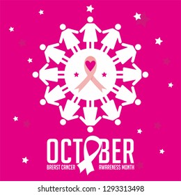 October Breast Cancer Awareness Month with Pink Ribbon Symbol and Illustration of People Holding Hands Together