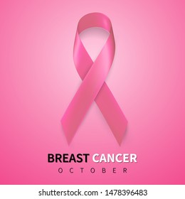 October breast cancer awareness month in. Realistic pink ribbon symbol. Medical Design. Vector illustration.
