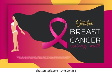 October breast cancer awareness month. Realistic pink ribbon and girl silhouette on color shapes background. Concept design banner, poster for woman health care. Vector medicine illustration