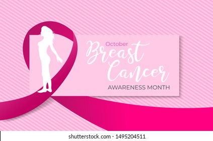 October breast cancer awareness month. Realistic pink ribbon and girl silhouette on color stripes background. Concept design banner, poster for woman health care. Vector medicine illustration