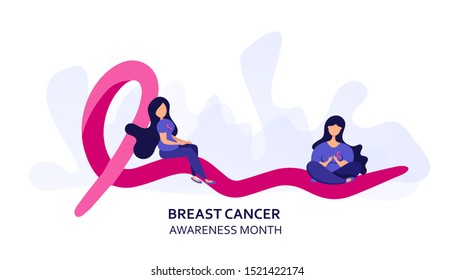 October breast cancer awareness month poster background concept. Pink ribbon soars in the air with young girls sitting on it