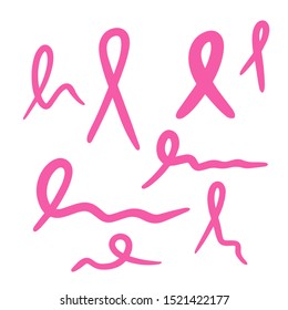 October breast cancer awareness month poster background concept. Set of many different shape pink ribbons on a pink background.