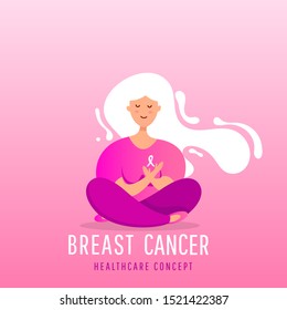 October breast cancer awareness month poster background concept. Young girl sitting in lotus position with pink ribbon