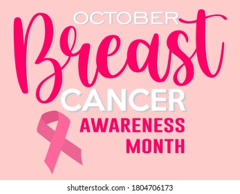 October breast cancer awareness month text with pink background