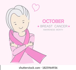 October Breast Cancer awareness month vector. Mature woman with pink ribbon.