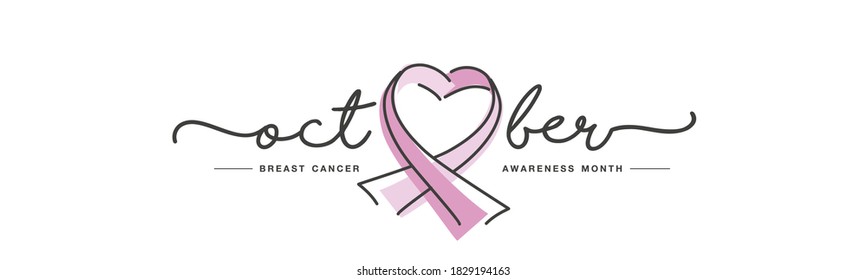 October breast cancer awareness month pink ribbon handwritten line design white background banner