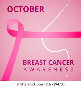 October Breast Cancer Awareness month. International day against breast cancer. Womans breast silhouette. Pink awareness ribbon. Vector Illustration. Poster, ad, social media, cover. EPS10