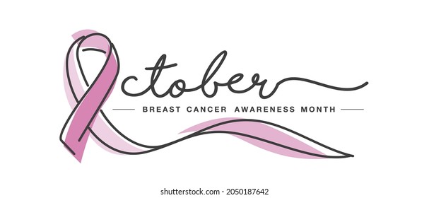 October Breast cancer awareness month handwritten typography creative pink ribbon symbol line design vector illustration banner