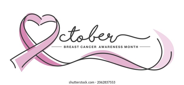 October Breast cancer awareness month handwritten typography creative pink love heart ribbon symbol line design vector illustration banner