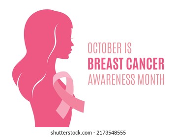 October is Breast Cancer Awareness Month vector. Young woman silhouette and pink cancer awareness ribbon icon vector isolated on a white background. Important day