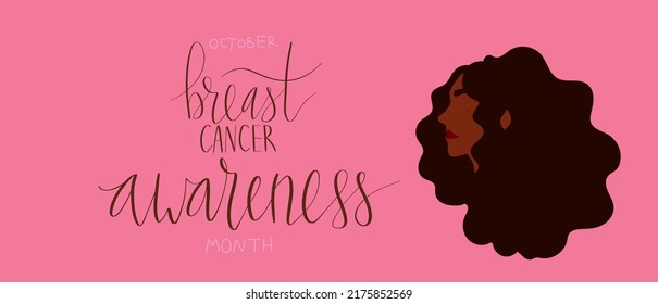October Breast Cancer Awareness Month campaign web banner. African american woman illustration. Handwritten lettering vector art