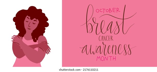 October Breast Cancer Awareness Month campaign web banner. Hispanic woman illustration. Handwritten lettering vector art.