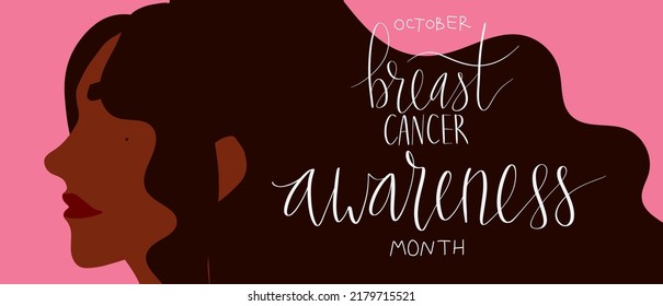 October Breast Cancer Awareness Month campaign web banner. African american woman illustration. Handwritten lettering vector art