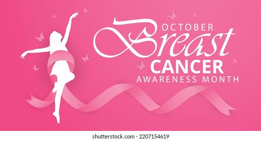 Octubre Mes de Concienciación sobre el Cáncer de Mama para una pancarta con un concepto mínimo de mariposa y mujer de la cinta rosa realista. Ilustración vectorial creativa para web, medios sociales, portada, afiche, plantilla, bagrund.