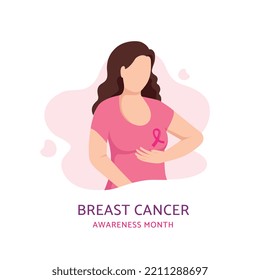 October Breast cancer Awareness Month. Woman with a pink ribbon. Women's Health Solidarity campaign. Banner, web template, poster. Flat vector cartoon illustration