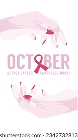 October Breast Cancer Awareness Month Banner with Two Women's Hans and Text with Cancer Ribbon.