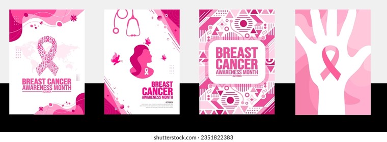 October is breast cancer awareness month portrait book cover design template bundle. Holiday concept. background, banner, placard, card, book cover and poster design template with ribbon and text