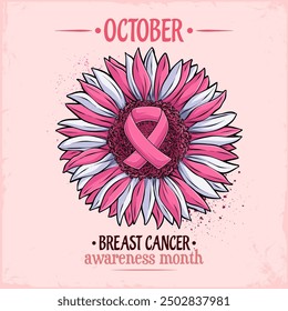 October Breast cancer awareness month hand drawn pink sunflower with ribbon in the middle isolated 