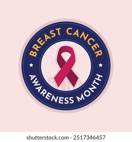 October Breast Cancer Awareness Month with Pink Ribbon Rounded Logo Stamp. Vector Illustration