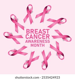 October Breast Cancer Awareness Month circle mandala pattern social media campaign poster, banner, illustration with realistic bow ribbon copy space. 