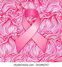 October: Breast Cancer Awareness Month, annual campaign to increase awareness of the disease. Pink ribbon, vector illustration over ornate pattern.