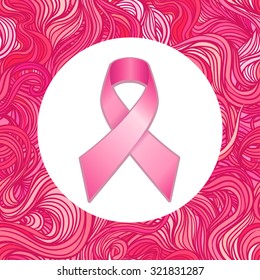 October: Breast Cancer Awareness Month, annual campaign to increase awareness of the disease. Pink ribbon, vector illustration over ornate pattern.
