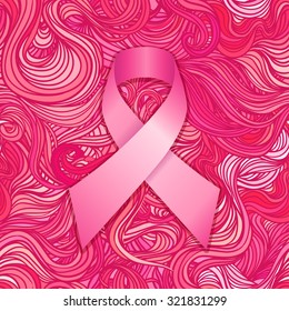 October: Breast Cancer Awareness Month, annual campaign to increase awareness of the disease. Pink ribbon, vector illustration over ornate pattern.
