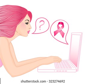 October: Breast Cancer Awareness Month, annual campaign to increase awareness of the disease. Woman searching for the information, vector illustration health, medicine, beauty concept 