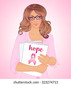 October: Breast Cancer Awareness Month, annual campaign to increase awareness of the disease. Woman with breast cancer awareness pink ribbon on a book of folder cover, vector illustration.