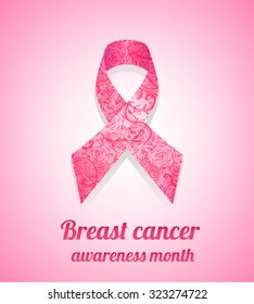 October: Breast Cancer Awareness Month, annual campaign to increase awareness of the disease. Pink ribbon, vector illustration over ornate pattern. 