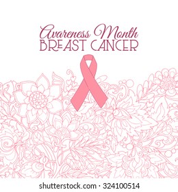 October: Breast Cancer Awareness Month, annual campaign to increase awareness of the disease. Set of 3 banners or cards with vintage style flowers pattern and Pink ribbon

