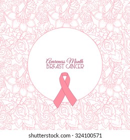 October: Breast Cancer Awareness Month, annual campaign to increase awareness of the disease. Set of 3 banners or cards with vintage style flowers pattern and Pink ribbon

