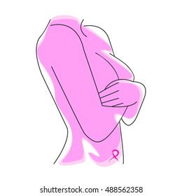 October: Breast Cancer Awareness Month, annual campaign to increase awareness of the disease. Woman with breast cancer awareness pink ribbon, vector illustration health, medicine, beauty concept