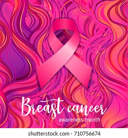 October: Breast Cancer Awareness Month, annual campaign to increase awareness of the disease. Pink ribbon, vector illustration over ornate pattern.