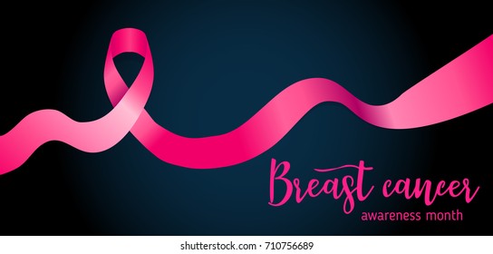 October: Breast Cancer Awareness Month, annual campaign to increase awareness of the disease. Pink ribbon, vector illustration isolated on black. 