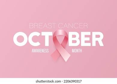 Octubre. Cartel de Cáncer de Mama, Tarjeta, Placard con Cinta Rosa Realista Vector 3d. Cierre del Símbolo del Mes de Concienciación sobre el Cáncer de Mama. Concepto del Día Mundial del Cáncer de Mama