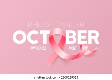 Octubre. Cartel de Cáncer de Mama, Tarjeta, Placard con Cinta Rosa Realista Vector 3d. Cierre del Símbolo del Mes de Concienciación sobre el Cáncer de Mama. Concepto del Día Mundial del Cáncer de Mama