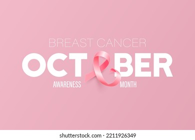 October. Breast Cancer Banner, Card, Placard with Vector 3d Realistic Pink Ribbon. Breast Cancer Awareness Month Symbol Closeup. World Breast Cancer Day Concept