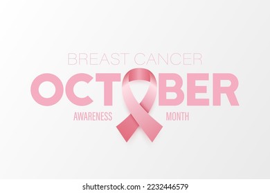 Octubre. Cartel de Cáncer de Mama, Tarjeta, Placard con Cinta Rosa Realista Vector 3d. Cierre del Símbolo del Mes de Concienciación sobre el Cáncer de Mama. Concepto del Día Mundial del Cáncer de Mama