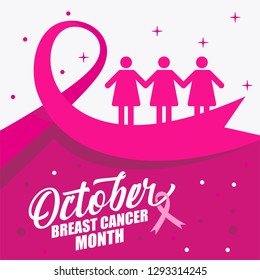 October Breast Cancer Month Background with Pink Ribbon Symbol and Illustration of People Holding Hands Together