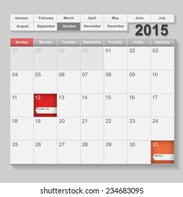 October Calendar 2015, week start at sunday with Holiday event