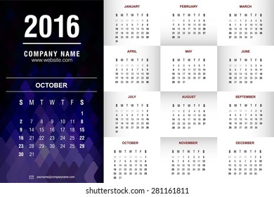 October Calendar - 2016 calendar template - polygonal abstract blue background - Vector illustration