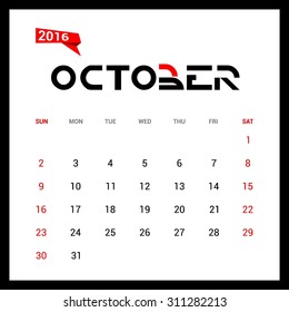 October Calendar 2016 Vector Design Template. Week Starts Sunday. vector illustration
