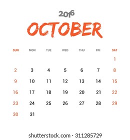 October Calendar 2016 Vector Design Template. Week Starts Sunday. vector illustration