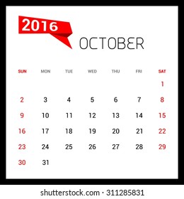 October Calendar 2016 Vector Design Template. Week Starts Sunday. vector illustration