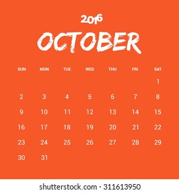 October Calendar 2016 Vector Design Template. Week Starts Sunday. vector illustration