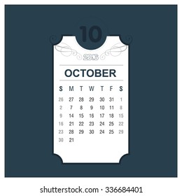 October Calendar 2016 Vector Design Template. Floral art Vintage card background. Week Starts Sunday. vector illustration